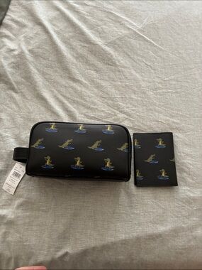 Men's Black Leather Travel Dopp Kit & Passport Case with Nautical Print